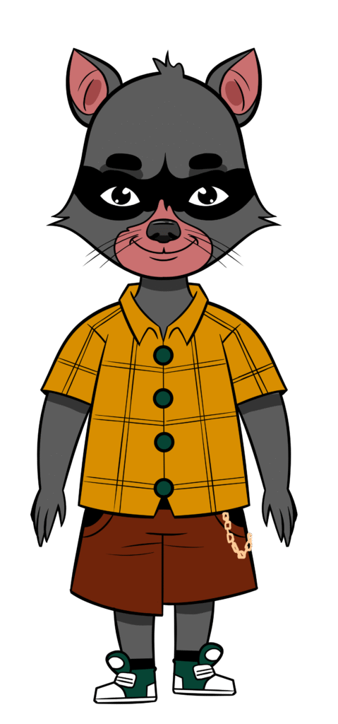 Basilio the raccoon character from Colombia in The Cats and The Coons teaching curiosity, independence, adventure, and growth